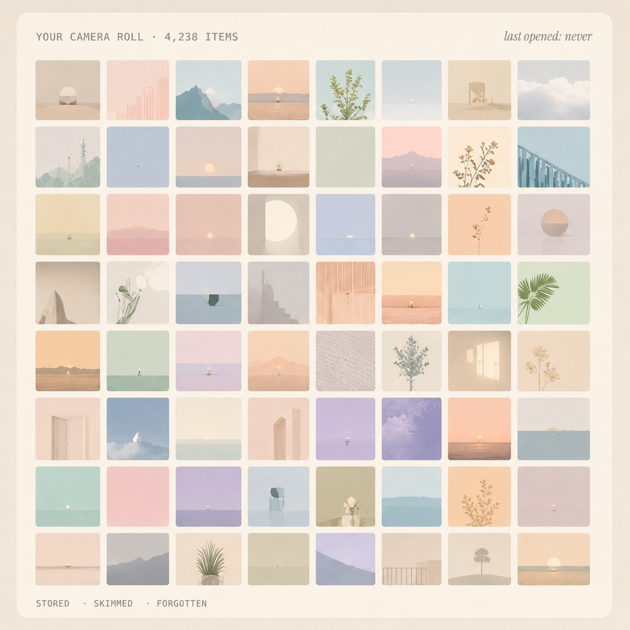 A grid of 4,238 illustrated photo thumbnails from a camera roll — landscapes, still lifes, quiet scenes.