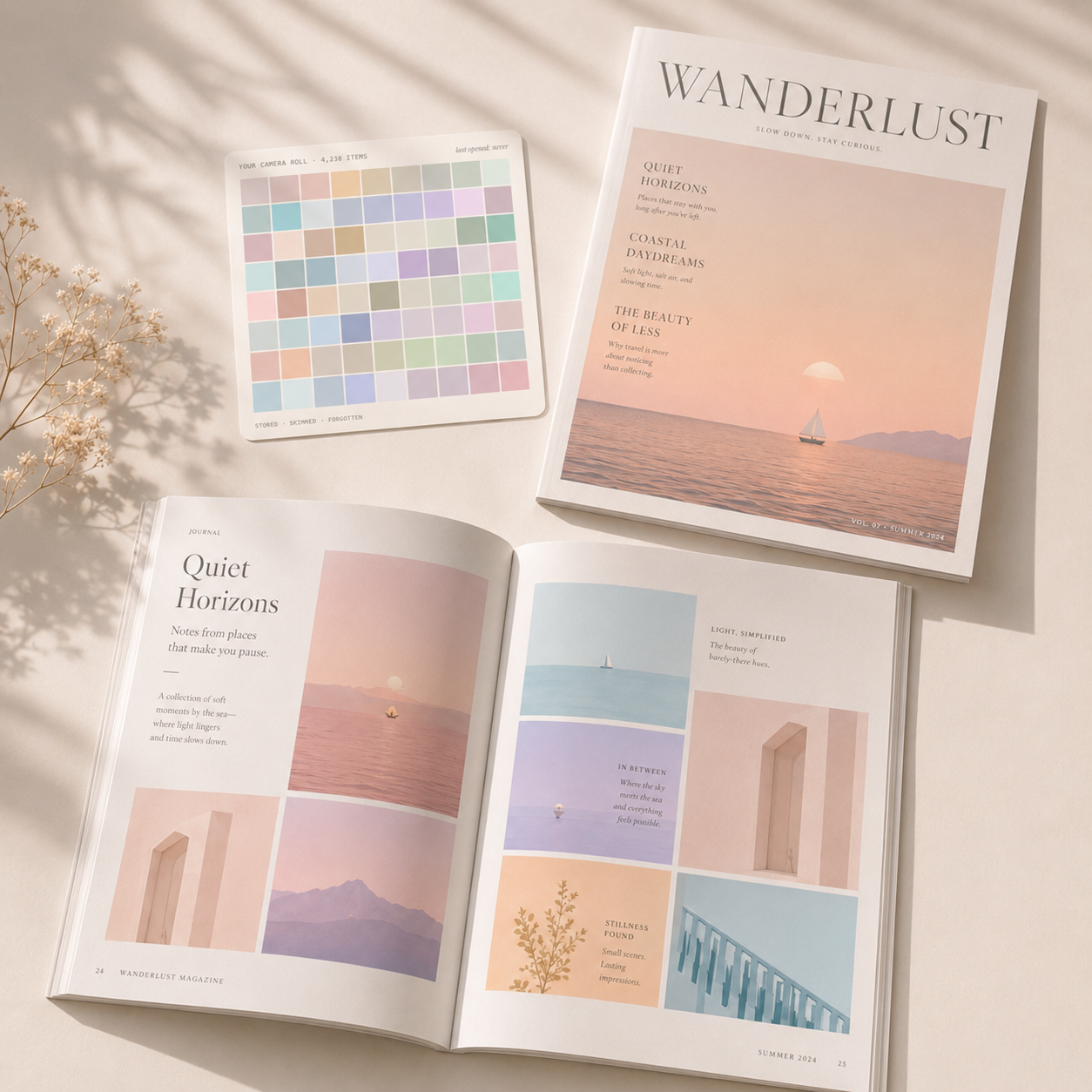 A closed Elze zine titled "Curated Memories" beside an open spread showing photos and writing.